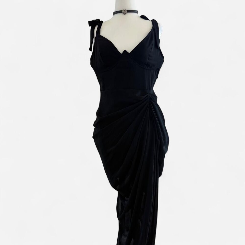 PrettyLittleThing black maxi dress with ruched detail and tie straps